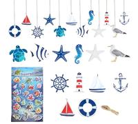 24 pezzi decorazione marittima, rete da pesca, ciondolo marittimo, decorazione nautica, barca a vela, rete da pesca, stella marina, ancora, faro per decorazioni da parete in motivo costiero