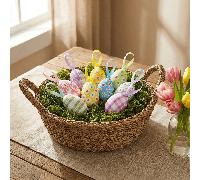 24 pezzi Decorazioni appese a forma di uova di Pasqua, uova colorate a pendente con nastro, uova a motivi colorati, decorazioni a pois e margherite, decorazioni per albero di Pasqua, decorazioni per l