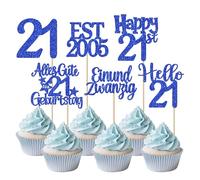 24 pezzi decorazioni per torte di compleanno con glitter EST 2005 per cupcake con scritta in lingua tedesca "Alles Gute zum Geburtstag 21 Cake Deko für Prost auf 21 Jahre Anniversary Party Cake Decors