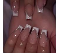 24 pezzi di adesivi per unghie a forma di bara lunghe, glitter argento, french tip bianca, set di unghie finte corte e piene di colore rosa nudo lucido, include 1 flacone di colla e 1 lima per unghie,