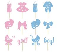 24 pezzi di decorazioni per cupcake per rivelare il sesso del bambino, decorazioni per cupcake per rivelare il sesso del bambino con glitter, bottiglie di carta, fiocchi, body, pantaloni, vestiti