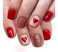 24 pezzi di glitter rossi per San Valentino a forma di cuore lucido quadrato pressato sulle unghie design romantico per feste appuntamento cuore design premere sulle unghie rosse