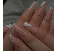 24 pezzi di punte per unghie a forma di bara lunghe, color oro glitterato e bianco francese, in stile stiletto, in acrilico per elevare il tuo stile. Perfetto per calzare, set di unghie in acrilico in