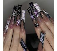 24 pezzi di punte per unghie a forma di bara super lunghe, stile dolce ragazza multicolore con linee argentate, pentagramma colorato, vibrazioni chic baddie con fiocco nero e cristalli, include 1 lima
