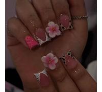 24 pezzi di unghie acriliche a forma di becco d'anatra stile Y2K, design floreale 3D rosa con decorazione perline in metallo, include 1 pezzo di smalto gel e 1 lima per unghie PianteABS,Gelatina,Carbo