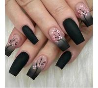 24 pezzi di unghie adesive ovali - lunghezza media, sfumatura dal nero al rosa con disegno di fiori di ciliegio, finitura opaca, include colla gel e lima per unghie Animale,Blocchi di colore,Geometric