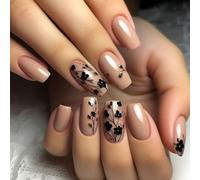 24 pezzi di unghie finte a forma di bara corte con motivo a fiori neri, con 1 colla per unghie e 1 lima, adatte per l'uso quotidiano di amiche donne per lo shopping, i viaggi e la permanenza a casa, f