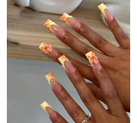 24 pezzi di unghie finte a forma di bara rettangolare con sfumature arancioni, manicure francese 3D con rilievo floreale, include 1 pezzo di gel trasparente e 1 lima, unghie finte francesi carine per