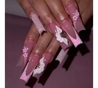 24 pezzi di unghie finte a forma di tubo d'acqua allungato, con decorazioni di fiori e glitter lucenti, adatte per donne e ragazze - uno stile dolce, carino, semplice ed elegante per la arte di unghie