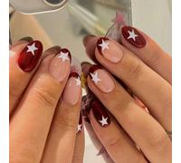 24 pezzi di unghie finte a forma ovale corta con disegno a stella, perfette per la manicure francese. Set di unghie acriliche finte corte, include: 1 pezzo di colla gel e 1 lima per unghie. Unghie all