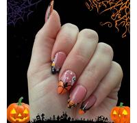 24 pezzi di unghie finte a mandorla, decorazioni per unghie di Ognissanti con piccoli fantasmi, pipistrelli, nero, arancione, zucche jack-o'-lantern, charms per unghie di Ognissanti, unghie adesive Pi