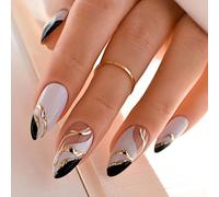 24 pezzi di unghie finte a mandorla lunghe nere & bianche con design 3D glitter oro e linee artistiche, copertura completa lucida, adatte per l'uso quotidiano di donne e ragazze - include lima per ung