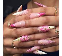 24 pezzi di unghie finte adesive da donna, forma lunga e appuntita, colore rosa nudo trasparente, decorazione con fiore 3D a ala crepata rosa e perline dorate, per esaltare il fascino, adatte per viag