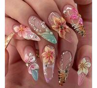 24 pezzi di unghie finte adesive da donna, forma lunga e appuntita, nude trasparenti, decorazione con strisce tigrate macaron, fiori 3D, perle e strass, per esaltare il fascino, adatte per viaggi e us