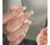 24 pezzi di unghie finte con design a diamanti - Unghie finte con colla - Unghie finte lunghe a forma di bara, eleganti, stile balletto francese, design di lusso, for donne e ragazze, nail art(Grey)