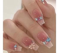 24 pezzi di unghie finte con design a diamanti - Unghie finte con colla - Unghie finte lunghe a forma di bara, eleganti, stile balletto francese, design di lusso, for donne e ragazze, nail art(Blue)