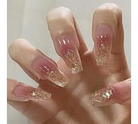 24 pezzi di unghie finte con design a diamanti - Unghie finte con colla - Unghie finte lunghe a forma di bara, eleganti, stile balletto francese, design di lusso, for donne e ragazze, nail art(Yellow)