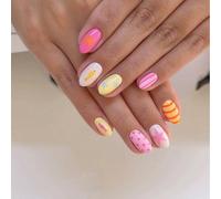 24 pezzi di unghie finte corte e colorate, con motivi a stelle e pesci, forma a bara, per l'estate delle donne Blocchi di coloreABS,Gelatina,Carborundo