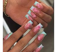 24 pezzi di unghie finte lunghe e affusolate, base rosa nudo con punte francesi blu chiaro, decorazione floreale rosa 3D con piccole perline dorate, unghie finte lucide e riutilizzabili, stile elegant