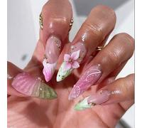 24 pezzi di unghie finte lunghe e appuntite da donna, base trasparente nude con sfumatura rosa-verde, decorazione 3D con fiori, perle e strass dorati, che esaltano il fascino, adatte per l'uso quotidi