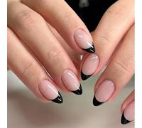 24 pezzi di unghie finte nere con punta francese - Unghie finte resistenti con colla - Unghie adesive gotiche - Unghie a copertura totale con colla for nail art francese da donna(Black)