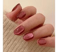 24 pezzi di unghie finte ovali di medie dimensioni con effetto occhio di gatto, di colore rosa lucido e dolce, con copertura completa e scintillii laser, set di unghie artificiali rotonde, per donne e