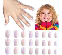 24 pezzi di unghie finte per bambini da applicare per la primavera e l'estate, 1 confezione di unghie finte colorate per bambini, design con elementi di texture a linee irregolari, fresche, unghie cor