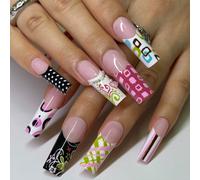 24 pezzi di unghie finte quadrate lunghe in confezione regalo, ricordi retrò dello stile Y2K, dipinte a mano con colori d'amore, quadrati blu, rosa, righe nere e bianche, graffiti divertenti per bambi