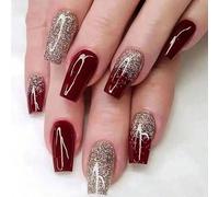 24 pezzi di unghie finte rettangolari rosse con glitter dorati, migliorano istantaneamente lo stile della tua manicure. Le unghie finte stile ballet rendono le dita più affusolate e alla moda, adatte 