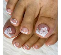 24 pezzi di unghie quadrate bianche corte, decorazioni per unghie con fiori 3D a gradiente e strass, include 1 lima per unghie e 1 gel, adatto per donne nella vita quotidiana e in occasioni, unghie fi