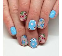 24 Pezzi Dolce Blu Bianco Fiori Mirtillo Pattern Breve Unghie Artificiali Artificiali Per Ragazze E Donne