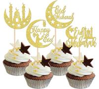 24 pezzi Eid Mubarak decorazioni per torte glitterate Happy Eid Luna e Stella Cupcake Toppers Star Ramadan musulmana islamica decorazione per feste torte dorate