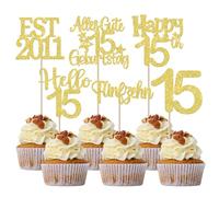 24 pezzi EST 2011 Cupcake Toppers 15th Compleanno Decorazione per torta Glitter Quindici Buon Compleanno 15 Torte Decorazione per Prost su 15th Anniversario Festa Torta Decorazioni Oro