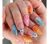 24 Pezzi Estate Unghie Finte Adesive, Mandorla Gel Artificiali Tips Unghie, Arancione Frutta Design Acrilico Falsi Unghie, Lucide Copertura Totale Press on Nails per Ragazze Donna, 3D Handmade