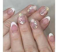 24 pezzi Fiore Press On Nails French Tips Acrilico Con Glitter Disegni Falso Stick On Per Le Donne Unghie Alla Moda