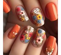 24 Pezzi Fiore Unghie Finte Corte Quadrate French Press on Nails Arancia Lucide Francese Unghie Finte Riutilizzabili Adesive Copertura Completa Acryl Fake Nails per Ragazze Donna Manicure Fai da Te