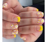 24 Pezzi Fiori Artificiali Unghie Francesi Pizzo Press On Nails Breve Quadrato Stick On Nails Unghie Gialle Finte Per Festa