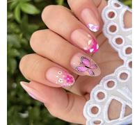 24 Pezzi Fiori Unghie Artificiali Stampa Francese Su Bastone Di Mandorle Corto Sulla Farfalla False Per La Festa