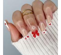 24 Pezzi Francese Bianco Lucido Fiocco Cuore Unghie Artificiali Per Feste Romantiche E Abbigliamento Quotidiano San Valentino Chiodo Finto Francese Con Fiocchi Cuore