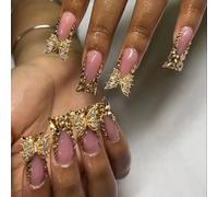 24 pezzi French Press on Nails di media lunghezza unghie finte Duckbill glitter oro da incollare, strass e farfalla, set di unghie in acrilico, accessori per donna