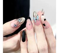 24 pezzi French Press on Nails Medio Almond Nero Unghie Artificiali Oro Rosa Ombre Unghie Da Incollare Cuore Farfalla Colla Set di Unghie Acriliche Da Donna Primavera Accessori