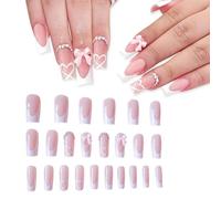 24 pezzi French Press on Nails with Charms, French Nails Press ons Dolce Fiocco, unghie adesive lunghe, unghie quadrate acriliche