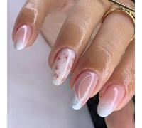24 Pezzi French Tip Corto Acrilico Con Fiori Disegni Mandorla False Per Le Signore Manicure Ufficio Indossare Chiodo