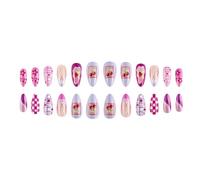 24 pezzi French Tip Stick On Nails Fragola Finte Unghie Mandorle Medio Press On Nails Con Plaids Flower Acrilici