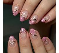 24 pezzi Glitter Press On Unghie Con Disegni Floreali Breve Forma Ovale Falso Francese Punte Accessori Moda Nail Art