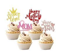 24 pezzi Happy Mother's Day Cupcake Toppers, Glitter Cuore Super Mom Love You Mom Decorazione torta torta torta per la festa della mamma a tema donna compleanno festa torta decorazione accessori