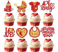 24 pezzi Happy Valentine's Day Cupcake Toppers Oh Baby Decorazione per torta Glitter Love Cake Decorazione per Happy Valentine's Day Baby Doccia Compleanno Festa Torte Decorazioni Rosso Oro