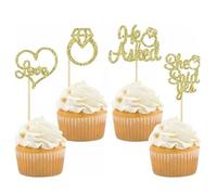 24 Pezzi He Asked She Said Yes Cupcake Toppers, Toppers di Cuore Anello Diamanti, Nuziale Doccia Cibo Picks Decorazioni, per Matrimonio Fidanzamento Tema Forniture per Feste