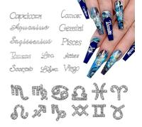 24 pezzi in lega d'argento con ciondoli per unghie a forma di zodiaco, 12 pezzi per ogni mese zodiacale e 12 simboli dei segni zodiacali, ogni ciondolo con parole di costellazione - AG-49