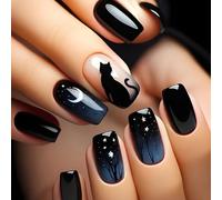 24 Pezzi Luna E Stelle Unghie Da Incollare Gatti Neri Copertine Complete Falso Gradiente Da Imprimere Accessori Manicure